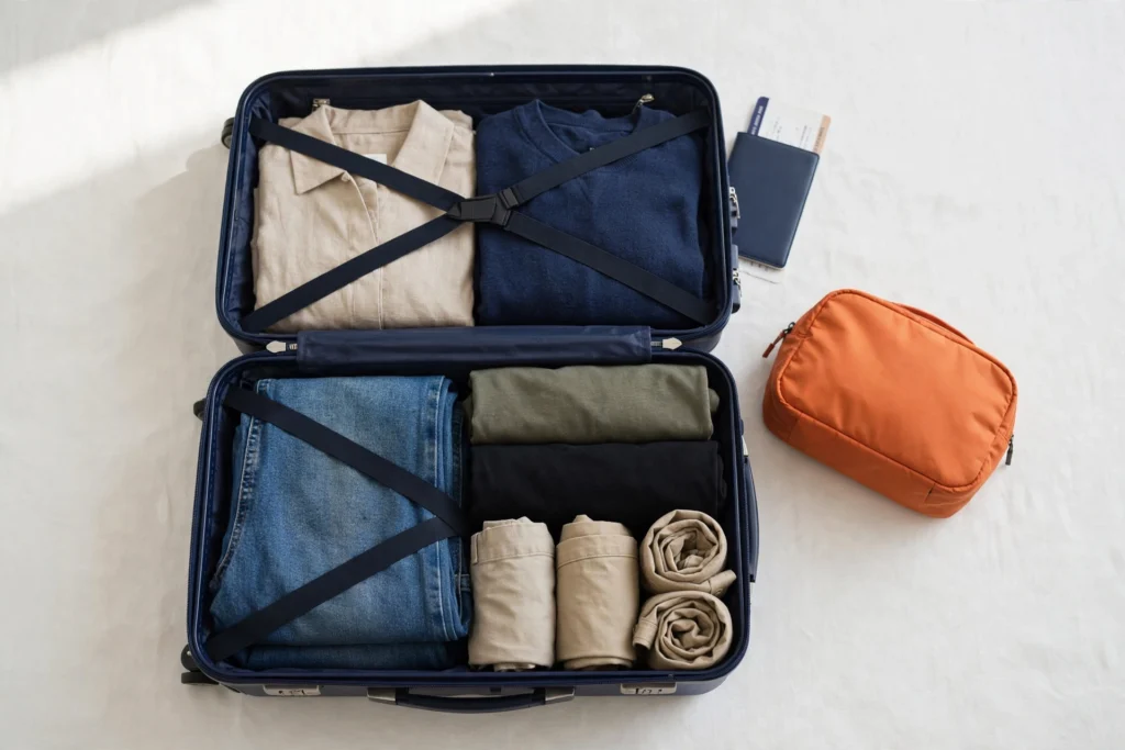 Packed navy suitcase with travel essentials laid out flat